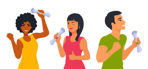 Students celebrating graduation, diploma. People graduated. Graduate celebration. The student holds a paper scroll. A vector cartoon illustration.