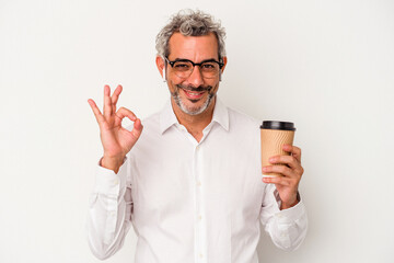 Middle age business man holding a take away coffee isolated on white background  cheerful and confident showing ok gesture.