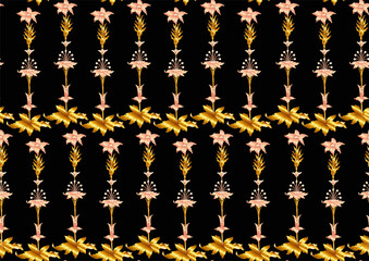 Seamless pattern with stylized flowers in medieval style. Vector illustration. In gold and black colors.