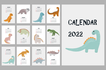 Cute calendar with boho dinosaurs. 2022 calendar with cute dinosaur. Hand drawn animals in boho style. Wall vertical calendar.