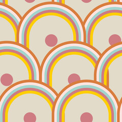 Retro 60s - 70s style with a rainbow hippie sun in a simple linear style. Naive boho style by hand, festival of colors and music, signs of peace and free love