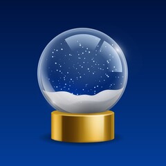 Empty snowglobe. Realistic Christmas globe with snow. Isolated magic crystal ball on golden stand. Transparent glass sphere with snowflakes. Xmas blank souvenir. Vector illustration