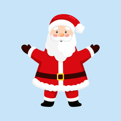 Vector illustration of cute Santa Claus isolated on blue background. Cute Santa Claus raise hands up. Merry Christmas and happy new year. Flat style.