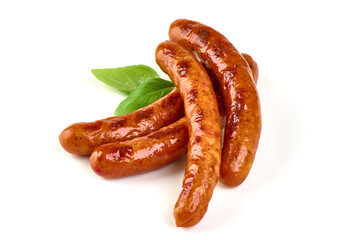 Grilled bbq sausages on the barbecue, isolated on white background.