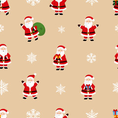 Christmas seamless pattern with Santa Claus, snowflakes. Beautiful background for gift wrapping papers, greeting cards, decoration.