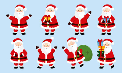 Collection of cute Santa Claus isolated on blue background.  Santa Claus in diferent poses.  Winter cartoon characters. Merry Christmas and happy new year. Flat style.