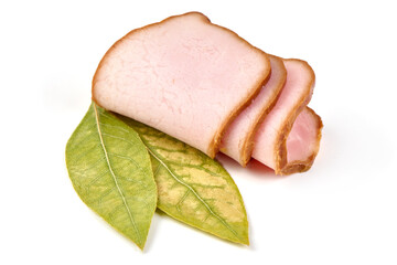 Smoked pork tenderloin, sliced ham, meat fillet, isolated on white background.