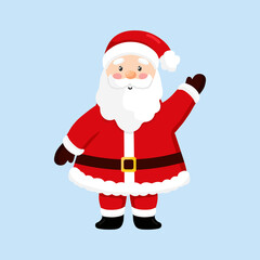Vector illustration of cute Santa Claus isolated on blue background. Santa Claus waving hand. Merry Christmas and happy new year. Flat style.