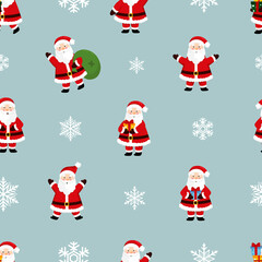 Christmas seamless pattern with Santa Claus, snowflakes. Beautiful background for gift wrapping papers, greeting cards, decoration.