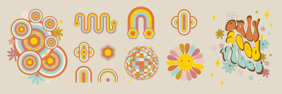 Retro 60s - 70s Style With A Rainbow Hippie Sun In A Simple Linear Style. Naive Boho Style By Hand, Festival Of Colors And Music, Signs Of Peace And Free Love