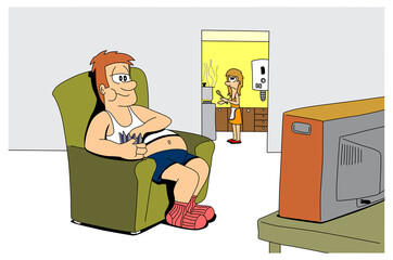 Cute lazy man husband character watching tv sitting on the sofa in the living room and eating while his wife is cooking in the kitchen. Funny ironic cartoon style vector illustration.