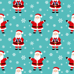 Christmas seamless pattern with Santa Claus, snowflakes. Beautiful background for gift wrapping papers, greeting cards, decoration.