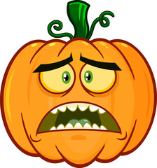 Scared Halloween Pumpkin Cartoon Emoji Face Character With Sad Expression. Vector Hand Drawn Illustration Isolated On White Background