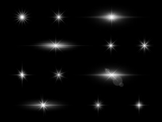 Effect light. White galaxy sparkles. Xmas glowing stardust. Silver holiday glitter templates. Abstract Christmas star flare. Lens reflection. Vector decorative shining elements set