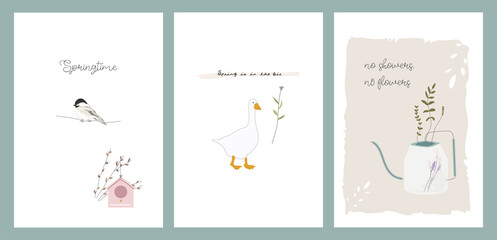 Fototapeta na wymiar cute spring postcards with hand drawn florals, birds 