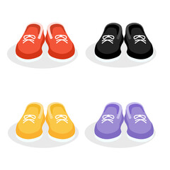 Set of sneakers in red, black, yellow, purple colors on an isolated background. Vector illustration of bright shoes. Flat design.
