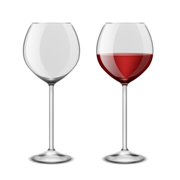 Wine glasses realistic. Restaurant glassware isolated on white background. Red alcoholic drink, empty blank and full wineglass, graphic design element, vector 3d illustration