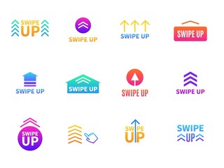 Swipe arrows. Scroll buttons variations. Blog story interface colorful elements. Drag on site. Touchscreen sliding up. Social media app UI signs. Vector isolated smartphone icons set