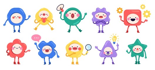 Geometric cute characters. Simple color geometric shapes with hands, feet and funny faces, trendy kids design, cute emotions, square triangle and circle forms, vector cartoon flat set