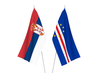 National fabric flags of Serbia and Republic of Cabo Verde isolated on white background. 3d rendering illustration.