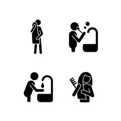 Day-to-day life black glyph icons set on white space. Habits for healthy living. Everyday hygiene procedures. Activities of daily living. Silhouette symbols. Vector isolated illustration