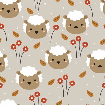 Seamless pattern with cute cartoon sheep and plant for fabric print, textile, gift wrapping paper. colorful vector for textile, flat style