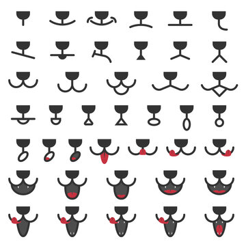 A set of faces of cats or dogs with different emotions. Rounded nose and open or closed mouth in different positions. Isolated vector illustrations.
