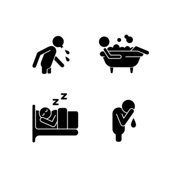 Human actions black glyph icons set on white space. Crying man. Sleeping in bed. Lying in bubble bath. Spitting man. Day-to-day life. Silhouette symbols. Vector isolated illustration