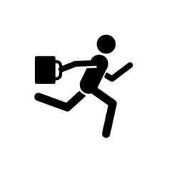 Fototapeta na wymiar Hurry black glyph icon. Running man with bag in hand. Being late for work, meeting, appointment. Office man running to public transport. Silhouette symbol on white space. Vector isolated illustration