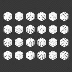 24 isometric dice. Twenty-four variants white game cubes isolated on transparent background. All possible turns authentic collection icons in realistic style. Gambling concept. Vector illustration EPS