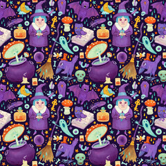 Halloween seamless pattern with witch, caldron and other magic things. 
