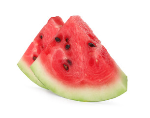 Slices of delicious ripe watermelon on white background