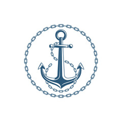 Nautical Anchor with chain links, isolated white background. Ship anchor with round chain frame, vintage icon. Vector illustration for marine and heraldry design. EPS 10.