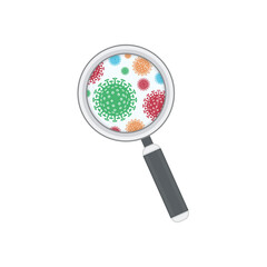 Magnifier, researching germs, bacteria or viruses. Viruses visible with magnifier glass. Coronavirus COVID-19 infection under a magnifying glass. Vector illustration EPS 10.