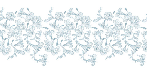 Delicate lace like intricate blue flower border on a white background. Hand drawn elegant seamless vector pattern suitable for fashion and home decor.