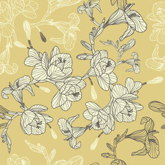 Fototapeta premium Freesia seamless vector pattern. Modern hand drawn floral pattern in autumn colour combination. Great for classic wallpaper, backgrounds, interior decorative materials and fashion fabrics.