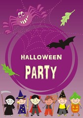 Halloween party, banner, group of children, spider, bat and leaves on purple background