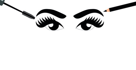 vector eyes with long eyelashes. flat image of an eye and a tube of mascara. mascara brush near the eye.