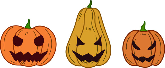 Halloween pumpkins. Original pumpkin illustrations for cards, posters, posters, Halloween greetings. Set of colored vector pumpkins.