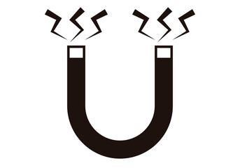 Icono negro de imán en forma de herradura en fondo blanco.