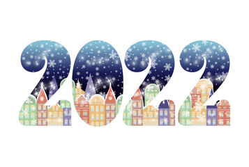 New 2022 year, invitation card with winter city , vector illustration