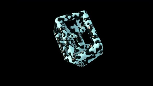 3d loop animation of a tesseract. A hypercube of blue and black material in space. Animation with an luma matte channel.