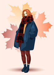 Fototapeta premium a red-haired girl in an oversized jacket on an autumn background with leaves