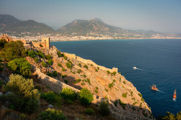 Beautiful castle on the hill in Alanya city by the Mediterranean Sea. Turkey