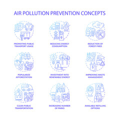 Air pollution prevention concept icons set. Renewable energy idea thin line color illustrations. Popularize afforestation. Increase parks. Reducing energy consumption. Vector isolated outline drawings