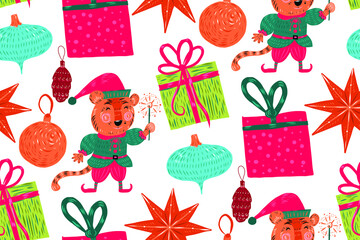 Seamless pattern with Christmas elf, little tiger, Christmas gifts, decoration, star.