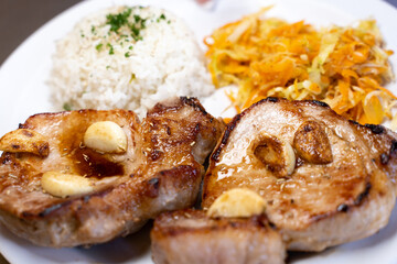 Close up view of a grilled meat with white rice and vegetables
