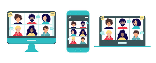 Online meeting via group call on a computer, laptop and smartphone. Home office concept. Group of people doing video conference. Illustration in flat style. Stay at home