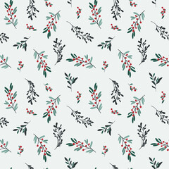 Christmass botanical seamless pattern. Branches, leaves and berries. Cute and colorful vector illustration for background, gift card, wrapping paper, textile, stationery and any surface design