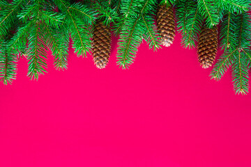 Red Christmas background with spruce branches and cones. Top view with copy space